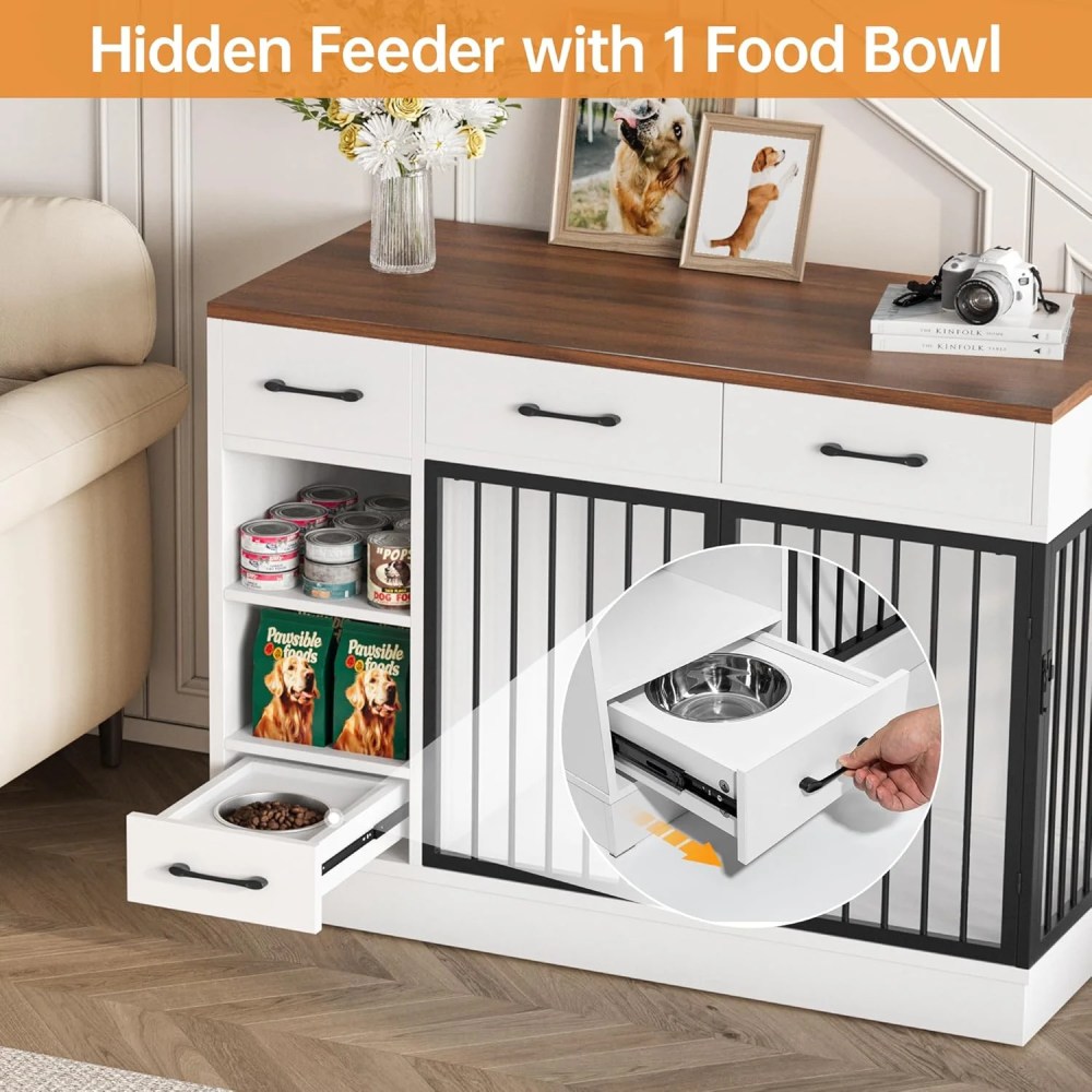 Selooye Large Dog Crate Furniture, Sturdy 2-Door 47.2" Wooden Furniture Style Crate for Dogs with 3 Storage Drawers and Hidden Feeding Bowl - Image 6