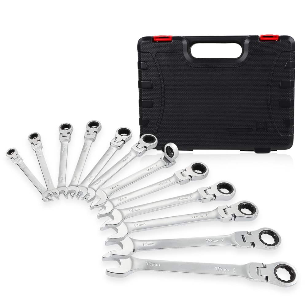 12 Piece Metric Wrench Set,180'Flex Head & 72 Tooth Ratcheting Wrenches with Blow Mold Storage Case,Chrome Vanadium Steel,1 Set,Black