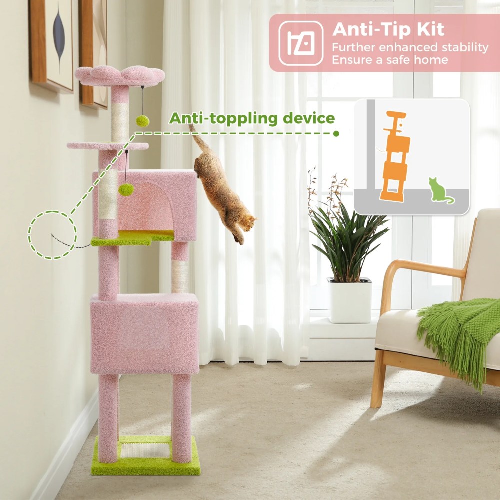 Pefilos 62" Cat Tree for Indoor Cats, Modern Cat Tree Tower with 2 Spacious Condos, Scratching Pad, 4 Cat Scratching Posts, 2 Top Perches, 2 Pompoms, - Image 8