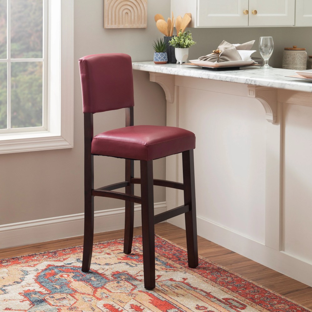 Linon Monaco Full Back Wood Bar Stool, 30" Seat Height, Espresso Finish with Dark Red Fabric - Image 3