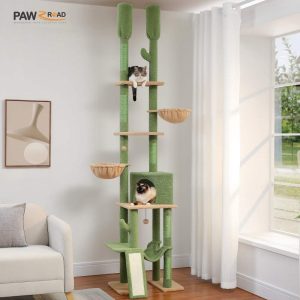 PAWZ Road 85-112" Cactus Cat Tree Floor to Ceiling Adjustable Climbing Cat Tower Scratching Post 2-Hammocks,  Green