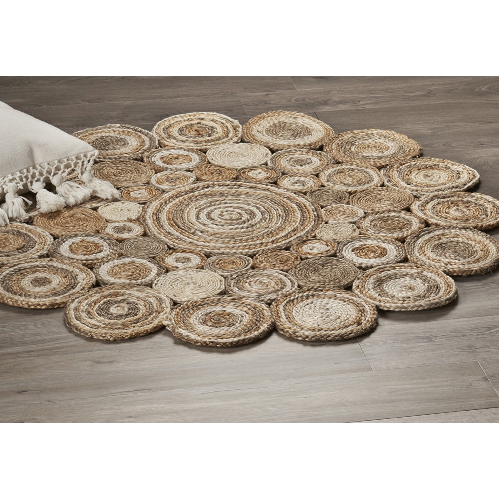 Ox Bay Cora 7'6" Round Beige and Brown Braided Circles Jute Indoor Area Rug - Image 5