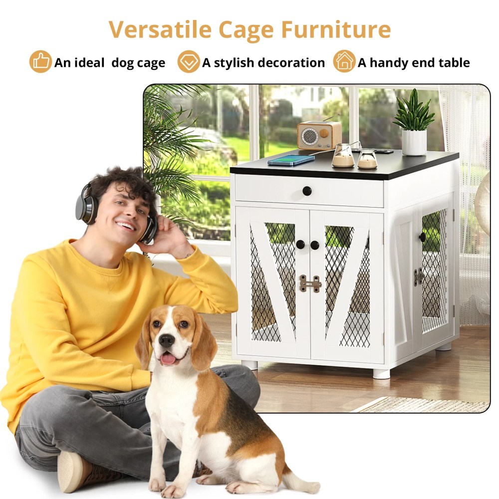 RichYa Furniture Style Dog Crate End Table, Wooden Dog Kennel with Dual USB Charging Station, for Small Dogs Under 25 lbs Indoor Use, White, S Size - Image 4