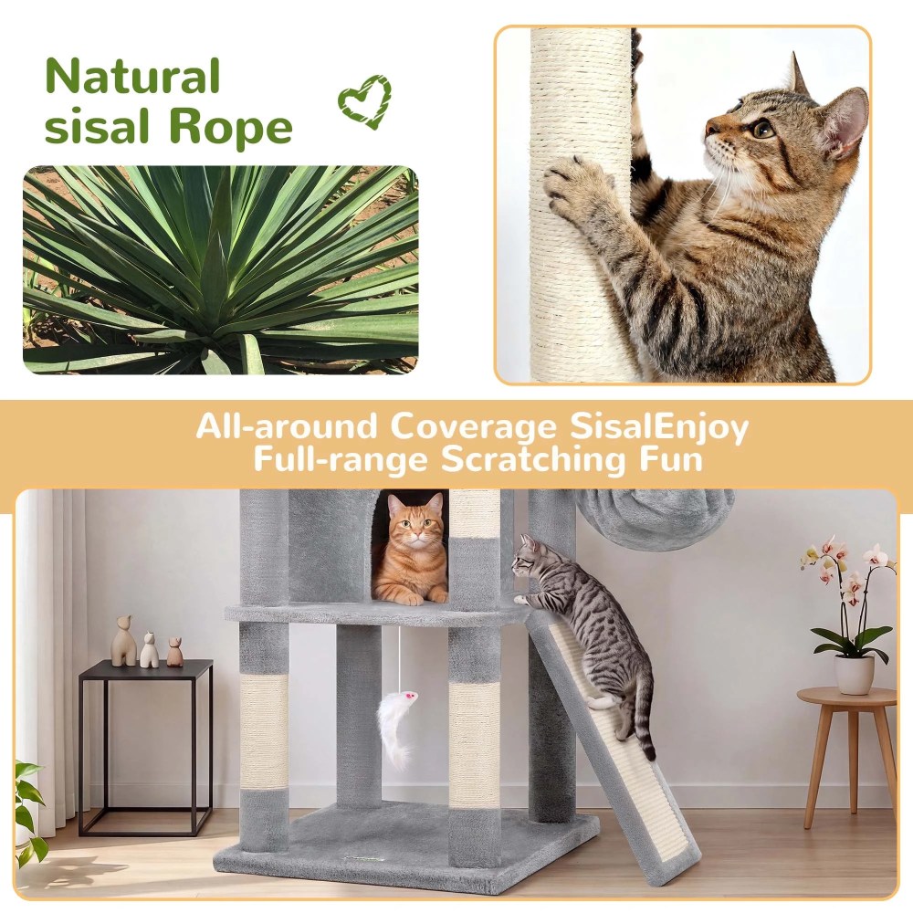 Globlazer 80in Heavy Duty Cat Tree for Large Cats, Multi-Level Cat Furniture Activity Center with 2 Condos, 2 Hammocks, 3 Perches & Sisal Scratching Posts, Light Grey - Image 2
