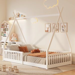 Euroco Twin Size House Platform Bed, Floor Bed with Guardrails for Kids Teens Room, White