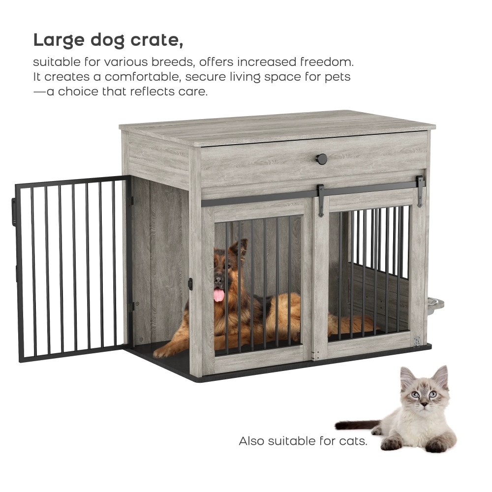 WHIFEA Modern Wooden Dog Crate Furniture with Sliding Barn Door & Side Access, Rotating Feeder Kennel for Medium-Large Dogs, Farmhouse Style, Grey - Image 7