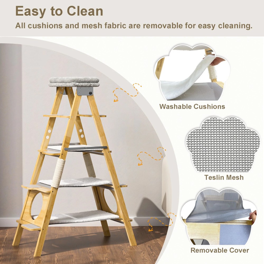 GDLF Modern Solid Wood Cat Tree Foldable Ladder Design with Cat Hammock & Sisal Scratch Post Easy Clean 60"H - Image 4