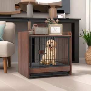 Pefilos 25" Dog Crate Furniture,  Indoor Dog Kennel with Removable Tray and Lockable Door,  Decorative Pet Cage Dog House,  Brown
