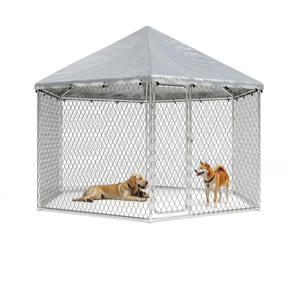 TIME RAY 6.86.8 ft Outdoor Dog Kennel, Dog Kennel Outdoor with Waterproof Cover and Security Lock, Galvanized Hexagonal Dog Cage for Large Dogs