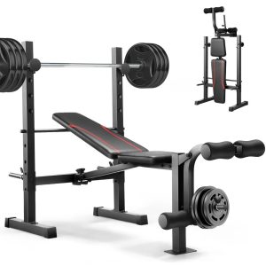 600LBS Foldable Weight Bench with Squat Rack & Leg Extension, Adjustable Workout Bench for Home Gym, Weight-Lifting Workout Bench for Dumbbell Exercise Full Body Workout