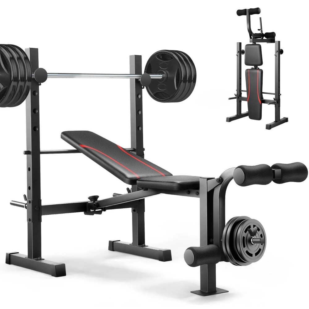 600LBS Foldable Weight Bench with Squat Rack & Leg Extension, Adjustable Workout Bench for Home Gym, Weight-Lifting Workout Bench for Dumbbell Exercise Full Body Workout
