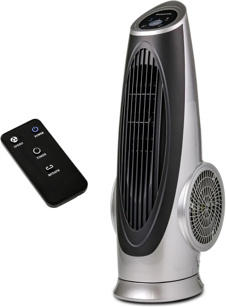 OVENTE Oscillating Tower Fan with Remote Control, 3-Speed LCD Panel & 8H Timer, 30.5" Quiet & Bladeless Indoor Standing Floor Fan, Blows Cold Air for Home, Bedroom, Living Room or Office, Silver