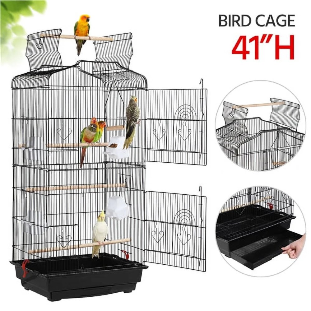 Alden Design Large 41" Metal Bird Cage with Play Top for Parakeets and Lovebirds, Black - Image 9