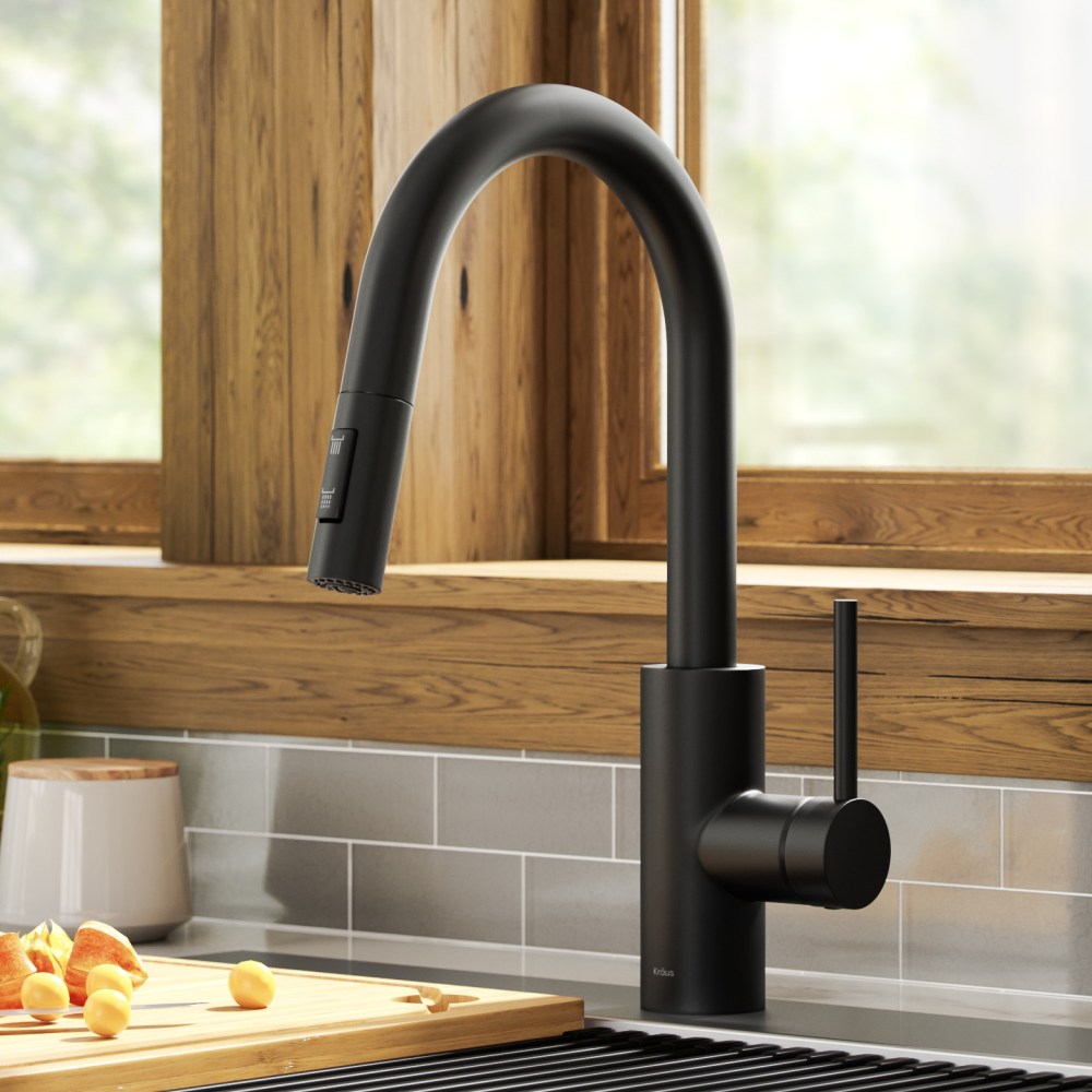 KRAUS Oletto Single Handle Pull Down Kitchen Faucet with QuickDock Top Mount Installation Assembly in Matte Black - Image 4