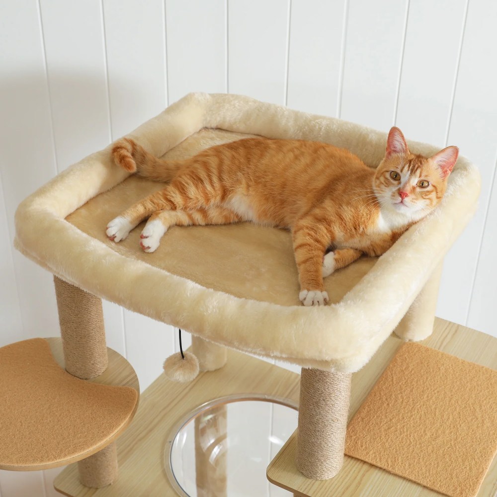 Pefilos 71" Wooden Cat Tree Tower for Multiple Cats, Modern Cat Tree House with Cat Condo for Indoor Cats, Beige - Image 9