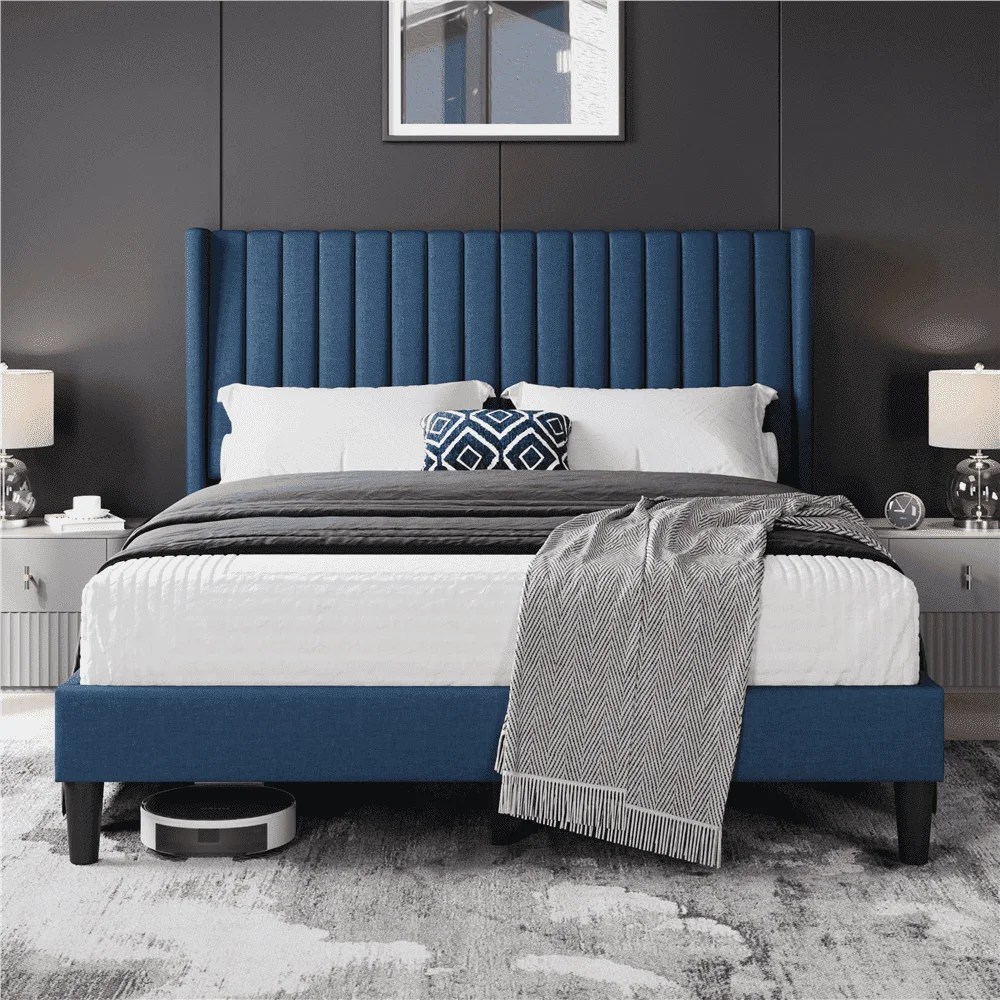 Yaheetech Queen Size Platform Bed with Upholstered Headboard & Mattress Foundation,Navy Blue
