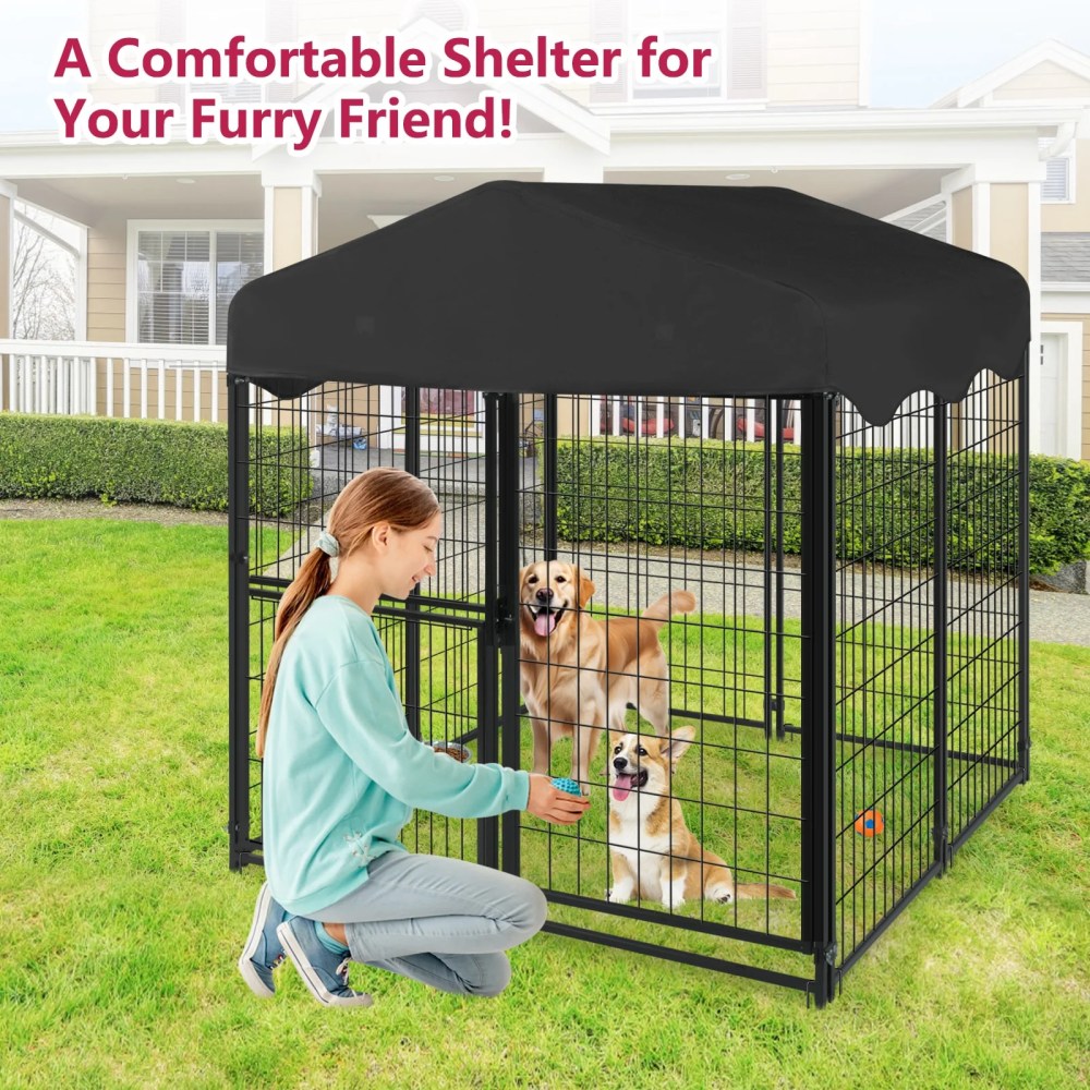 Jhsomdr Outdoor Dog Kennel, 4.2ft x 4ft x 4.5ft Welded Wire Dog Cage Dog Crate with Rotating Feeding Door and Bowls, Heavy Duty Large Dog Kennel Dog Run Enclosure with UV-Resistant Oxford Cloth Roof - Image 8
