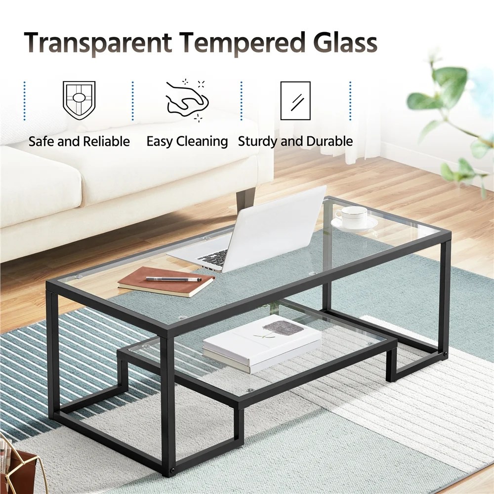 Alden Design Modern Glass Coffee Table with Metal Frame, Black - Image 3