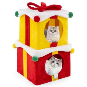 Gymax 2-Storey Cute Christmas Cat House w/ Bow 2 Condos Indoor Cat Furniture Modern