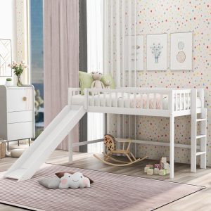 Aukfa Twin Loft Bed with Slide, Solid Wood Bed Frame for Kids - White