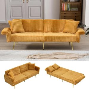 AENKYO 79" Corduroy Convertible Futon Sofa Bed,Modern Sleeper Couch with Adjustable Arms & Back,Yellow
