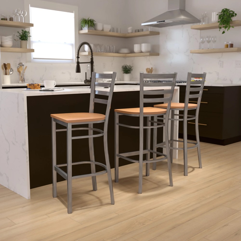 Flash Furniture HERCULES Series Silver Antique Finish with Clear Coat Ladder Back Metal Restaurant Barstool - Natural Wood Seat - Image 9