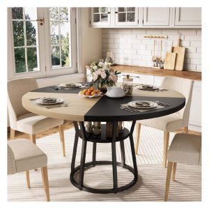 42" Round Farmhouse Dining Table for 4-6 People - Rustic Wood Kitchen Table with Storage Shelf,Space-Saving Circle Dinner Table for Small Spaces,Apartments,Dining Room & Living Room