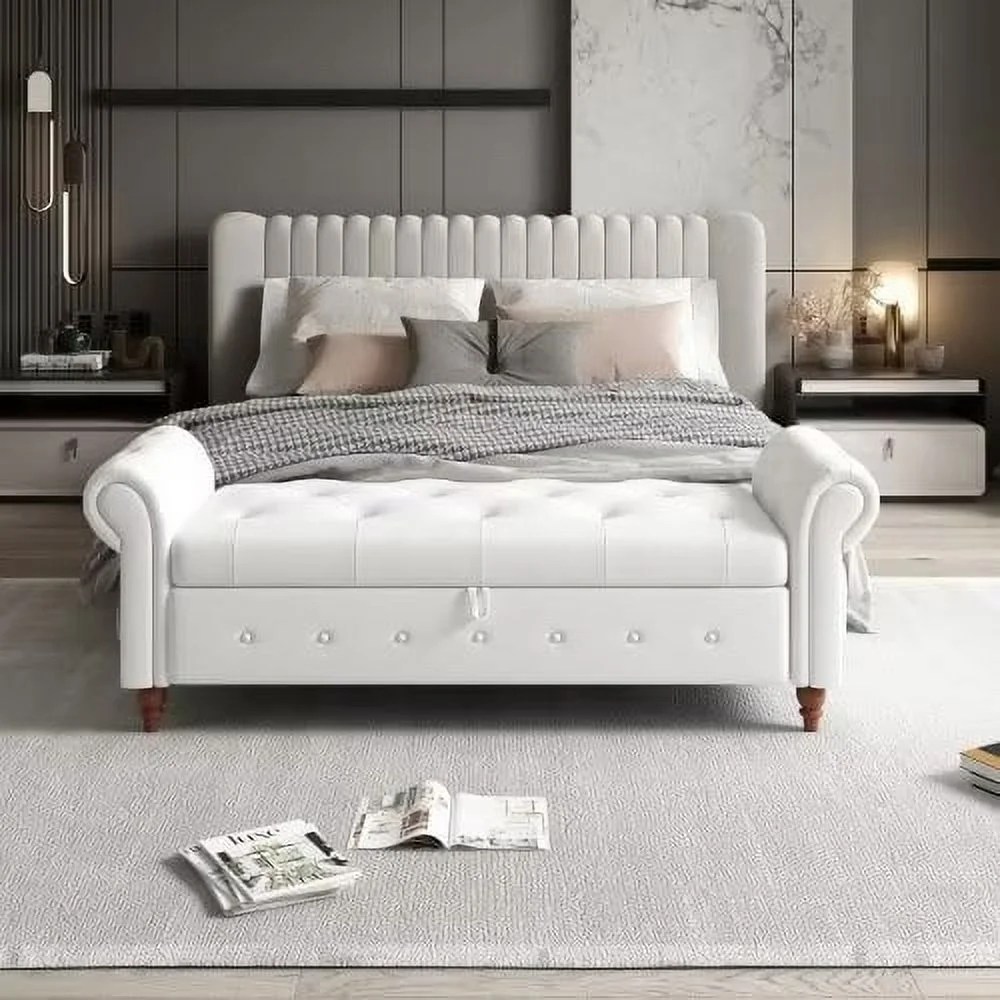63" Storage Ottoman Bench,End of Bed Button Tufted Ottoman Bench,Rolled Armed Ottoman Couch Long Bench for Bedroom,Living Room,End of Bed,Hallway,CREAM WHITE