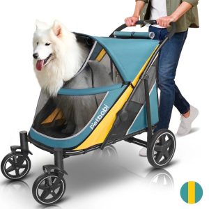 Petbobi Dog Stroller for Large & Medium Dogs Dual Entry with Brake & Air Mesh for Large Senior Pets up to 80 lbs,  Green