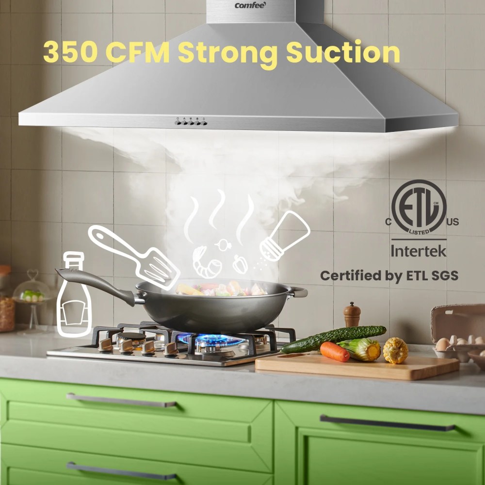 Comfee 36" Ductless/Ducted, Convertible, Pyramid Range Hood, Stainless Steel, CVP36W4AST - Image 2