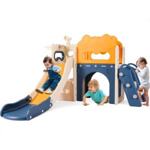 Arlopu Kids Slide, Toddler Slide with Anti-Slip Climber, Basketball Hoop, Telescope and Tunnel, Indoor Outdoor Slide Toddler Playground