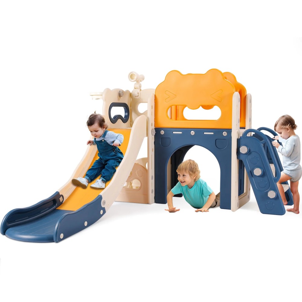 Arlopu Kids Slide, Toddler Slide with Anti-Slip Climber, Basketball Hoop, Telescope and Tunnel, Indoor Outdoor Slide Toddler Playground