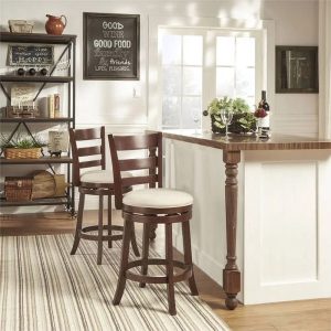 Weston Home Dark Cherry Ladder Back Swivel Counter Height Stool,Beige Linen