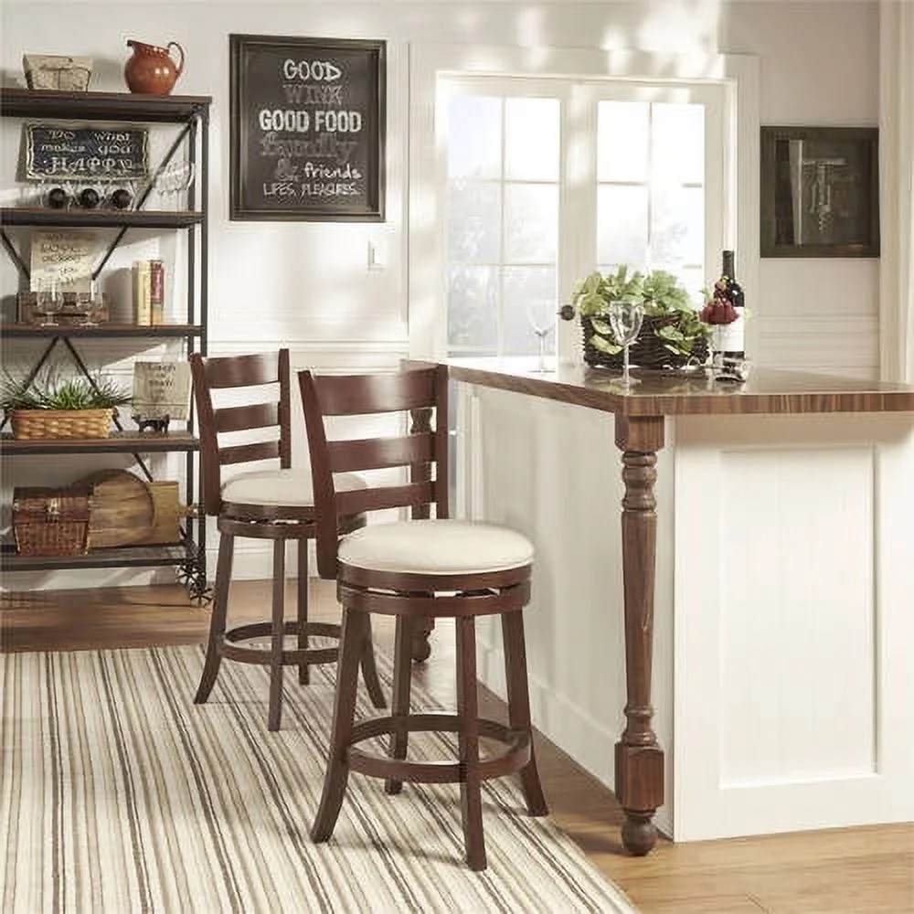 Weston Home Dark Cherry Ladder Back Swivel Counter Height Stool,Beige Linen