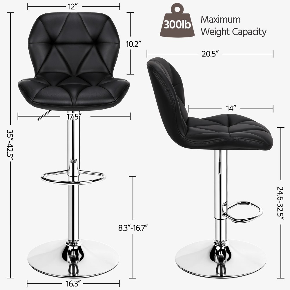 Yaheetech Set of 2 Adjustable Modern PU Leather Swivel Bar Stools with Backrest, Black - Image 2