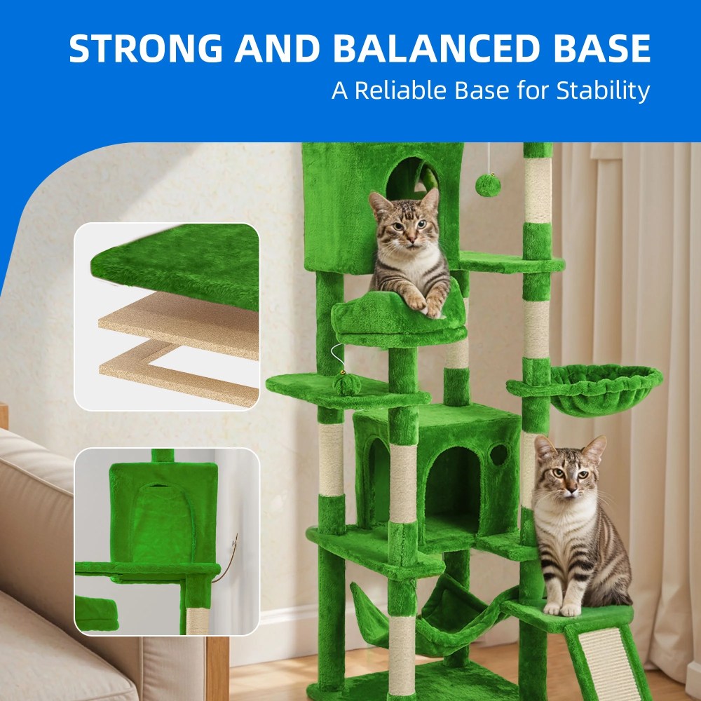 Uforic 75" Large Cat Tree Tower with Multi-Level Play Condo, Sisal Ramp, Scratching Posts & Cozy Basket Hammocks, Green - Image 8