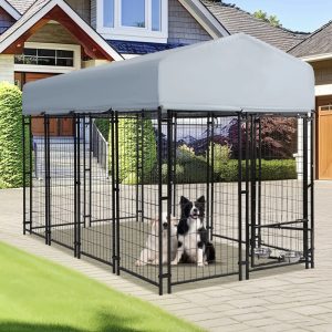 Magic Union 8x4x6 FT Outdoor Dog Kennel with Roof Cover, Heavy Duty Dog House Outside with Lockable Door, Indoor Dog Playpen Outdoor Dog Cage Pen Pet Fence with 2 Rotating Feeding Bowls for Large Do
