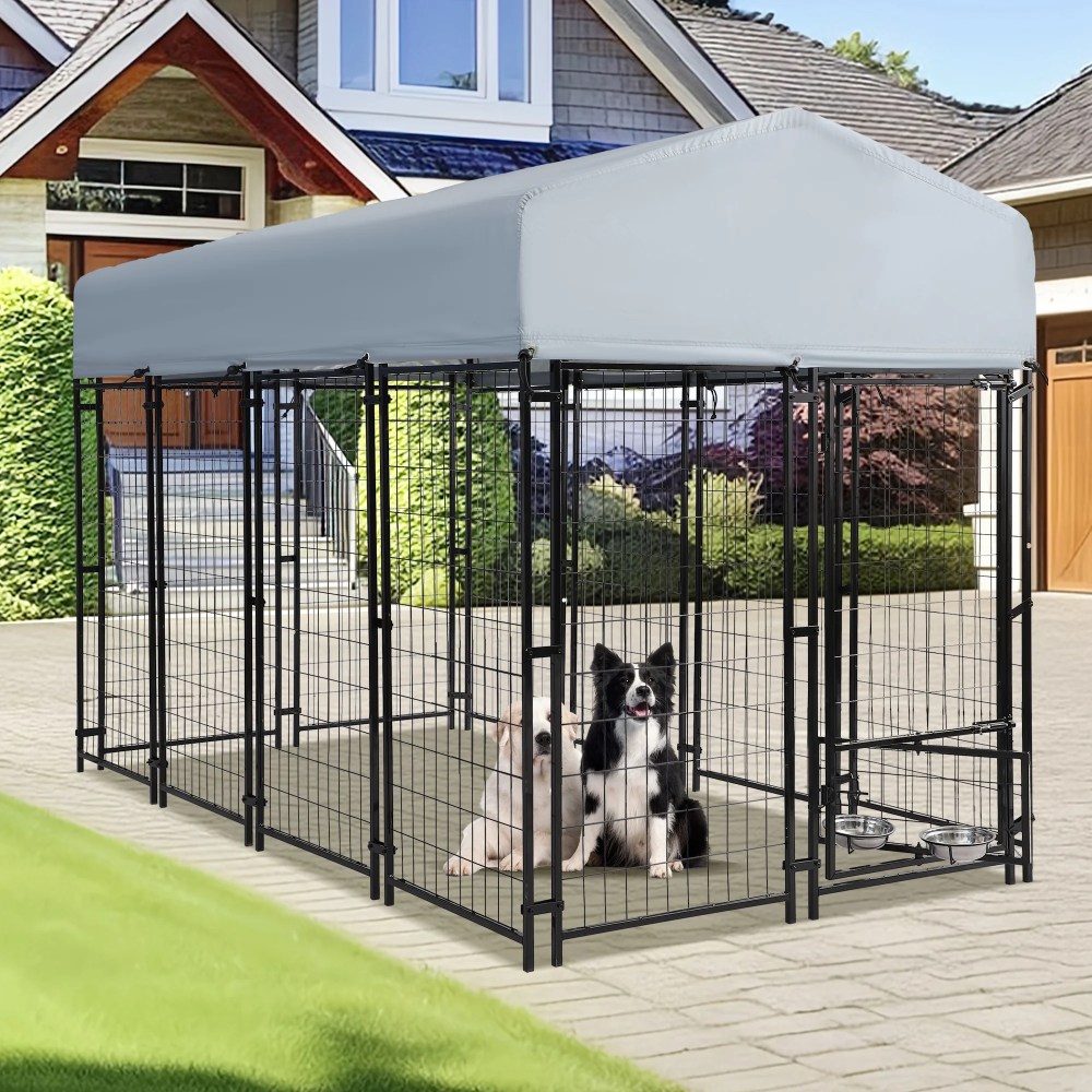 Magic Union 8x4x6 FT Outdoor Dog Kennel with Roof Cover, Heavy Duty Dog House Outside with Lockable Door, Indoor Dog Playpen Outdoor Dog Cage Pen Pet Fence with 2 Rotating Feeding Bowls for Large Do