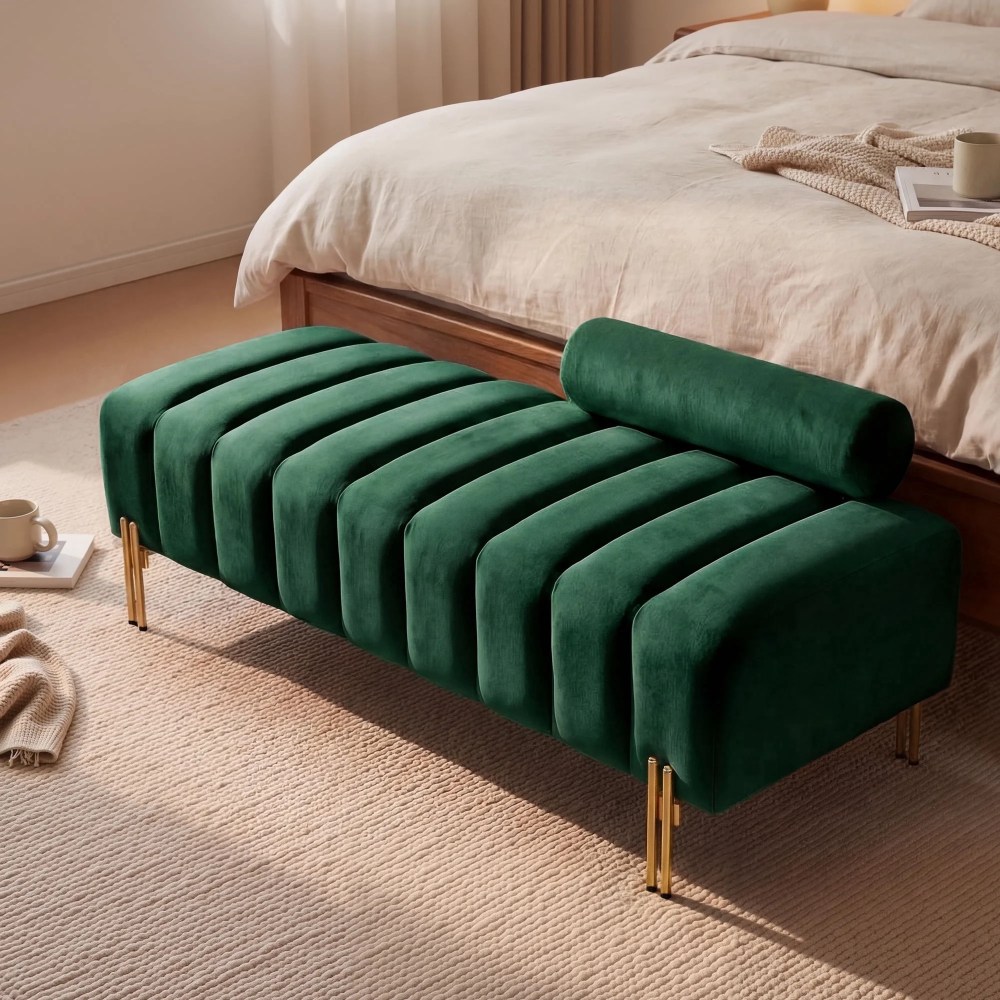 Wiilayok 52" Upholstered Velvet Ottoman Bench, End of Bed Bench with Gold Legs, Tufted Long Bench for Bedroom Living Room Foyer Indoor Entryway, Green