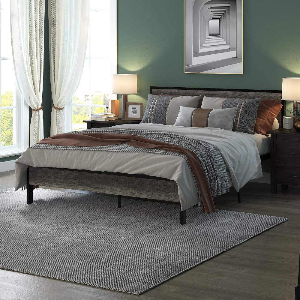 Yoneston Retro Queen Metal and Wood 14" Platform Bed with Headboard for Adults,Heavy Duty Metal Bed Frame with Metal Slat Support,Black Oak