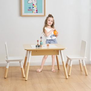 Your Zone 3-Piece 2-in-1 Dry Erase and Chalkboard Activity Table and Chair Set with Storage for Sensory & Creative Play,White