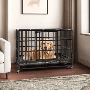 Pefilos 48" Large Dog House Indoor for Dogs,  Heavy Duty Dog Crate,  Escape Proof Dog Cage Kennel with Removable Tray and Wheels,  Black,  L