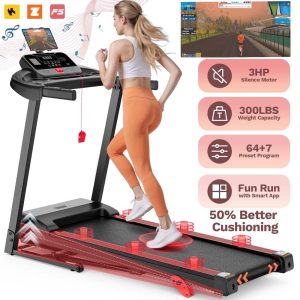 3HP Folding Treadmill with Incline for Home, 300LBS Capacity Portable Treadmill, Free Training Classes with APP, 64331 Program, Air damping System, 7.5MPH Jogging Walking Exercise Machine
