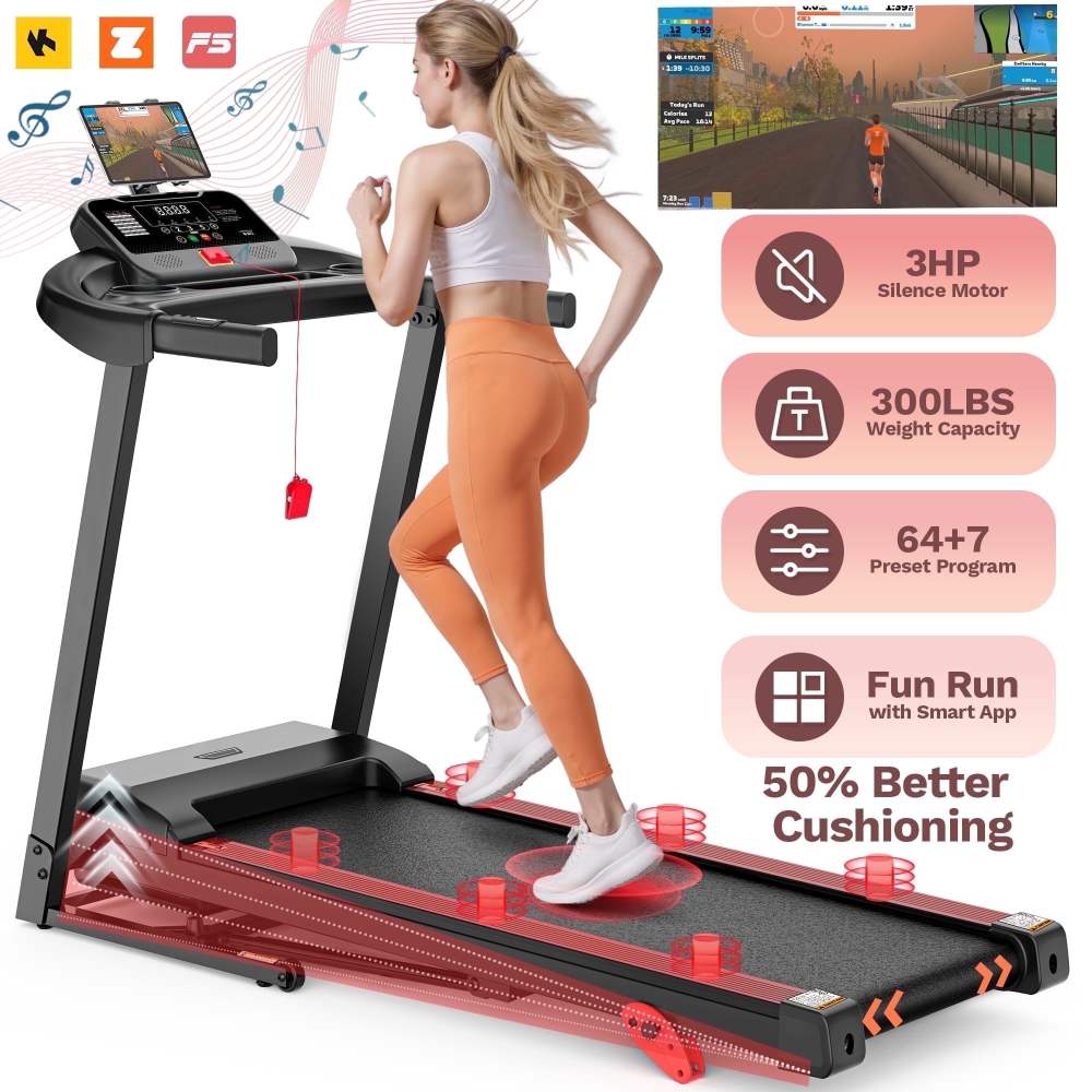 3HP Folding Treadmill with Incline for Home, 300LBS Capacity Portable Treadmill, Free Training Classes with APP, 64331 Program, Air damping System, 7.5MPH Jogging Walking Exercise Machine