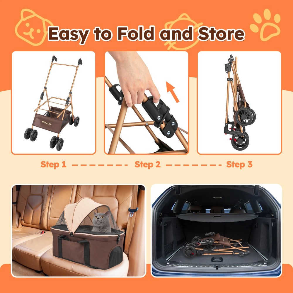 Monasem 3-in-1 Pet Stroller, Foldable 4-Wheel Cat & Dog Stroller with Detachable Carrier, Canopy and Storage Basket, up to 60lbs, Brown - Image 4