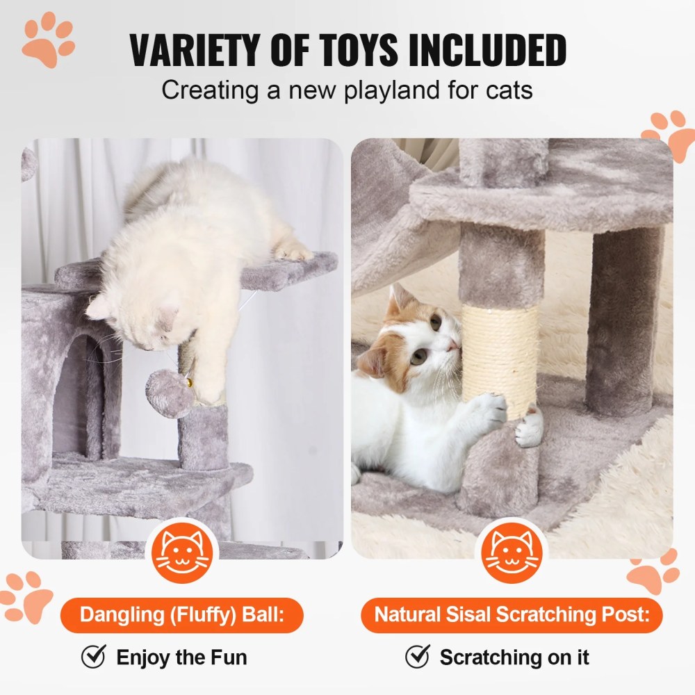 KFFKFF Feline Structure, 63" Feline Stand with Dual Kitty Houses, Sisal Scratch Pole, Relaxing Swing, Elevated Lounging Spot, Leaping Stages, Spacious Cat Play Equipment with Dangling Sphere, Pale - Image 7
