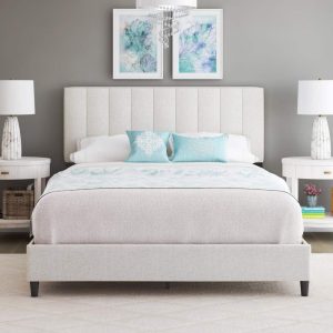 Boyd Sleep Leah Off White Linen Queen Size Fully Upholstered Platform Bed Frame with Adjustable Headboard
