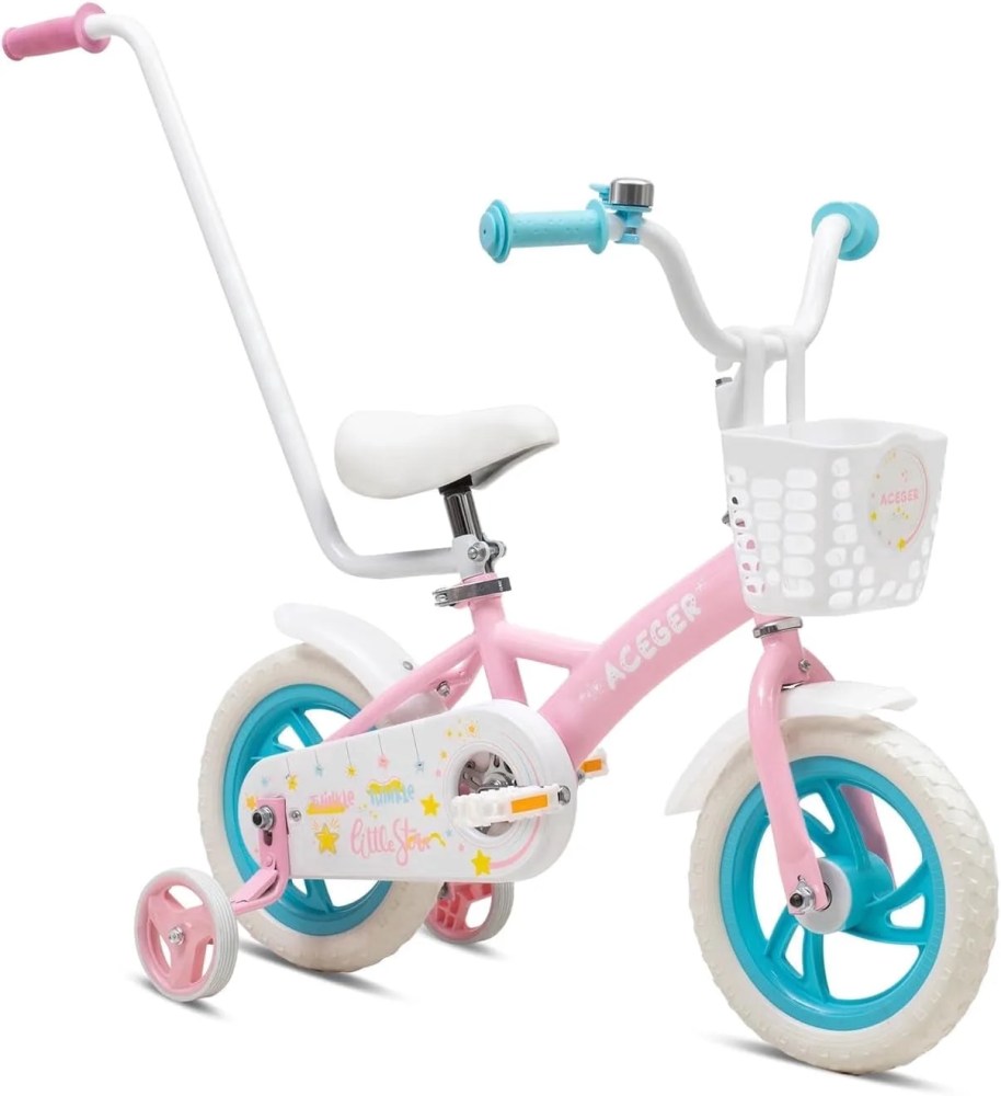 ACEGER 12 Inch Kids Bike with Basket and Push Handle, No Brake, Toddler Bicycle for Boys and Girls Ages 2" 5, Pink