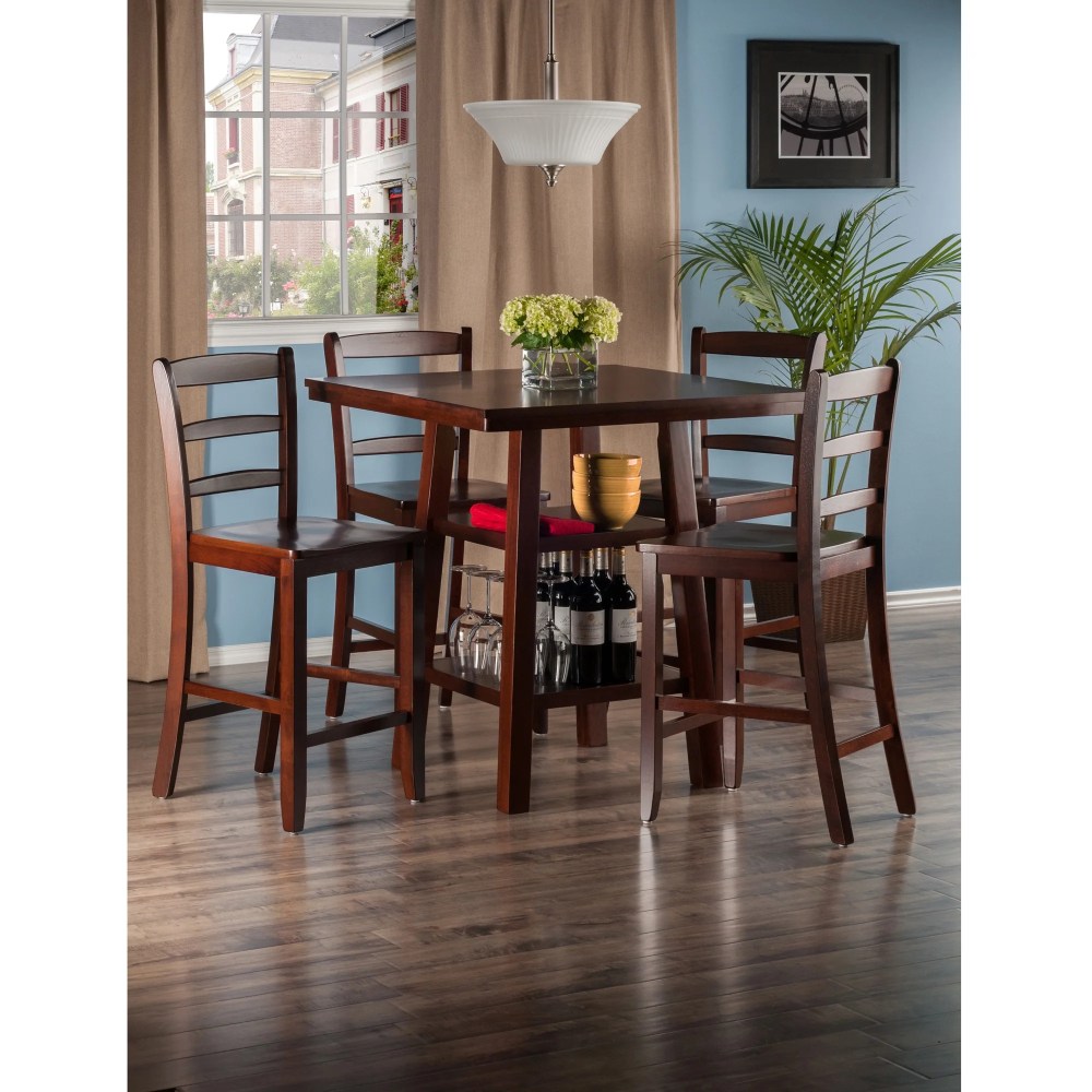 Winsome Wood Orlando 5-PC Set High Table, 2 Shelves & 4 Ladder Back Stools, Walnut Finish - Image 8
