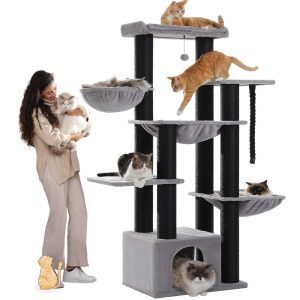 PAWZ Road 67" Extra Large Cat Tree,  Thick Scratching Posts Multi-level Cat tower with 3 Hammocks,  Black